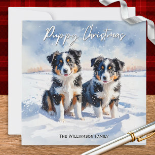 Süße Border Collie Welpen im Schnee Weihnachtsgrüß Feiertagskarte
