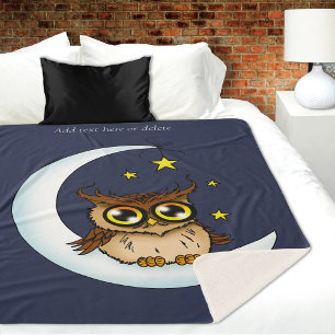 Süße Braune Eule Halbmond Sterne Blau Sherpadecke