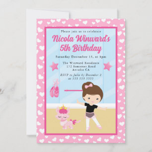 Süße brünette Mädchen-Ballerina Kindergeburtstag  Einladung