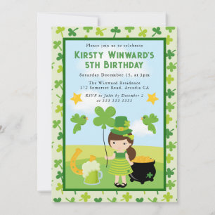 Süße Brünette Mädchen St. Patrick Geburtstag für K Einladung