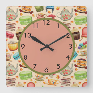 Süße bunte Cupcakes und Teekannen Wanduhr