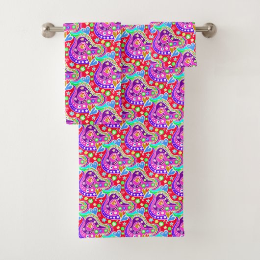 Süße bunte handgezeichnete Musterhülle Case-Mat Badhandtuch Set (Insitu)
