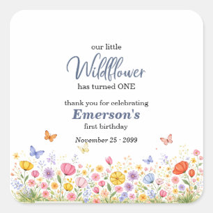 Süße bunte kleine Wildblume 1. Geburtstagsfeier Quadratischer Aufkleber