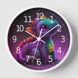 Süße bunte lila Drachen-Echsen-Kunst Uhr