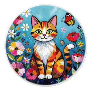 Süße bunte Volkskunst Katze und Blumen Keramikknauf