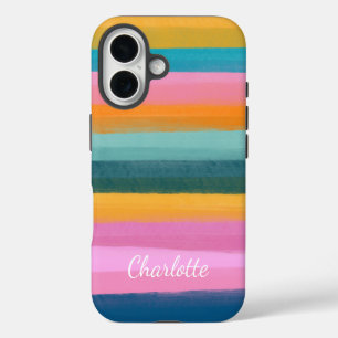 Süße bunte Wasserfarben-Pinselstrich-Streifen Name iPhone 16 Hülle