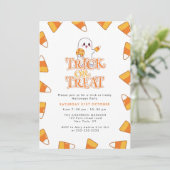 Süße Candy Corn Streich oder Saustellung Halloween Einladung (Stehend Vorderseite)