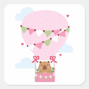 Süße Capybara-Heißluftballon-Rosa-Birthday-Party Quadratischer Aufkleber