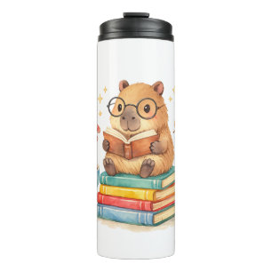 Süße Capybara liest Bücher Aquarell Thermosbecher