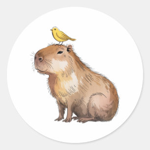 Süße Capybara mit gelbem Vogel Wasserfarben Kunst Runder Aufkleber