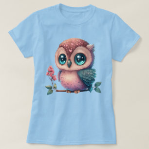 Süße Cartoon-Eule auf Ast mit Herz-Akzente T-Shirt