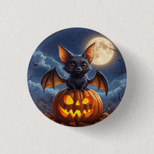 Süße Cartoon-Fledermaus auf einem Jack-o'-Lantern Button