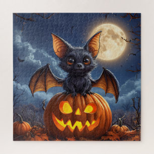 Süße Cartoon-Fledermaus auf einem Jack-o'-Lantern Puzzle