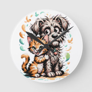 ✨Süße Cartoon-Freundschaft zwischen Hund und Katze Runde Wanduhr
