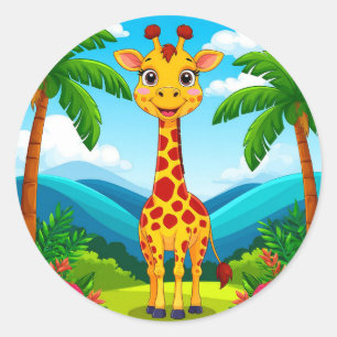 Süße Cartoon-Giraffe in einer tropischen Landschaf Runder Aufkleber