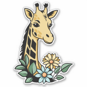 Süße Cartoon-Giraffe und Blumen Aufkleber