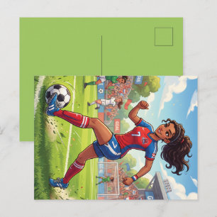 Süße Cartoon-Girl spielt Fußball Feiertagspostkarte
