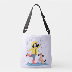 Süße Cartoon-Girl und kleiner Hund tanzen im Regen Tragetaschen Mit Langen Trägern