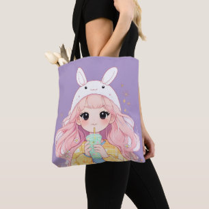 Süße Cartoon-Girl Weiße Hasenmütze Tote Bag Tasche