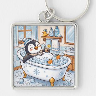 Süße Cartoon-glückliche Pinguin beim Baden Schlüsselanhänger