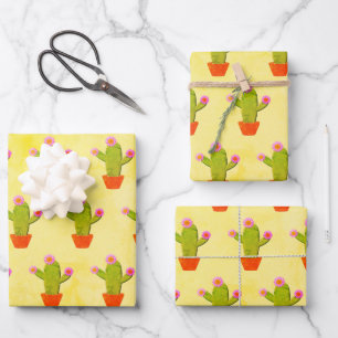 Süße Cartoon-Kaktus mit rosa Blumen Malerei Geschenkpapier Set