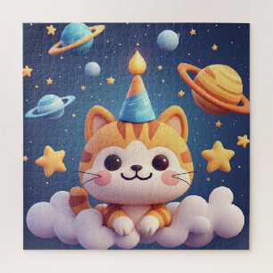 Süße Cartoon-Katze auf Wolke mit Partyhut Puzzle