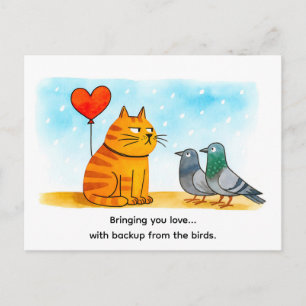 Süße Cartoon-Katze hält Herzballon im Freien Postkarte