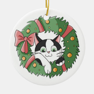 Süße Cartoon-Katze im Weihnachtskranz-Ornament Keramik Ornament