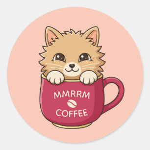 Süße Cartoon-Katze in Kaffeetasse mit individuelle Runder Aufkleber