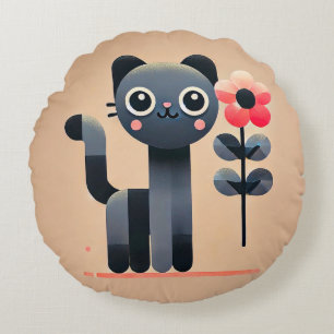 Süße Cartoon-Katze mit Blumen Happy Animal Style � Rundes Kissen