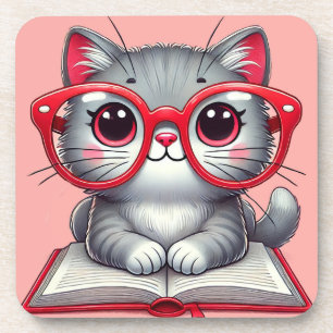 Süße Cartoon-Katze mit Brille Getränkeuntersetzer