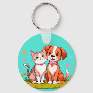 Süße Cartoon-Katze und Hund sitzen zusammen Schlüsselanhänger