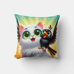 Süße Cartoon-Katze und Vogel Kissen