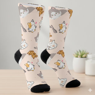 Süße Cartoon-Katzen Muster Monogramm Socken