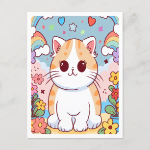 Süße Cartoon-Kitty-Katze, Blumen, Regenbögen Postkarte