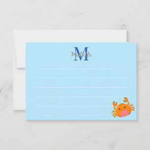 Süße Cartoon-Krabbe Blaues Meer Monogramm mit Lini Mitteilungskarte
