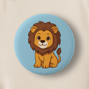 Süße Cartoon-Löwe auf Blau Button