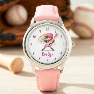Süße Cartoon Mädchen Baseballspielerin in Rosa Armbanduhr