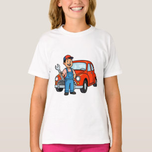 Süße Cartoon-Mechaniker-Illustration mit rotem Aut T-Shirt