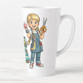 Süße Cartoon-Näherin mit Vintage-Nähmaschine Milchtasse