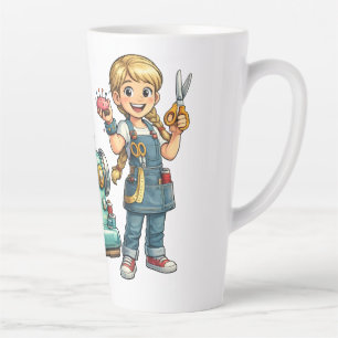 Süße Cartoon-Näherin mit Vintage-Nähmaschine Milchtasse