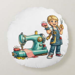 Süße Cartoon-Näherin mit Vintage-Nähmaschine Rundes Kissen