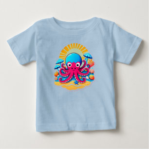 Süße Cartoon-Oktopus auf sonnigem Strand mit Musch Baby T-shirt