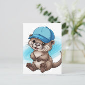 Süße Cartoon-Otter mit blauer Baseballkappe Postkarte (Stehend Vorderseite)