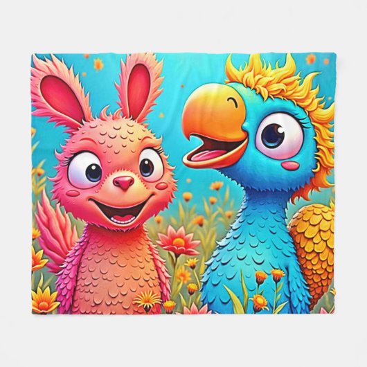Süße Cartoon-Papageien-Hasen-Kunst Fleecedecke (Vorderseite (Horizontal))