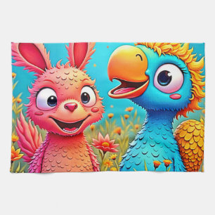Süße Cartoon-Papageien-Hasen-Kunst Geschirrtuch