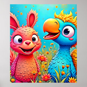 Süße Cartoon-Papageien-Hasen-Kunst Poster