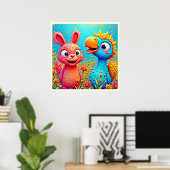 Süße Cartoon-Papageien-Hasen-Kunst Poster (Heimbüro)