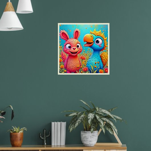 Süße Cartoon-Papageien-Hasen-Kunst Poster (Wohnzimmer 1)