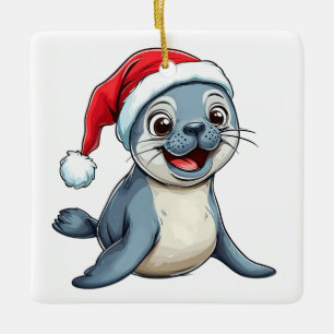 Süße Cartoon-Robbe mit festlichem Weihnachtsmann-H Keramikornament